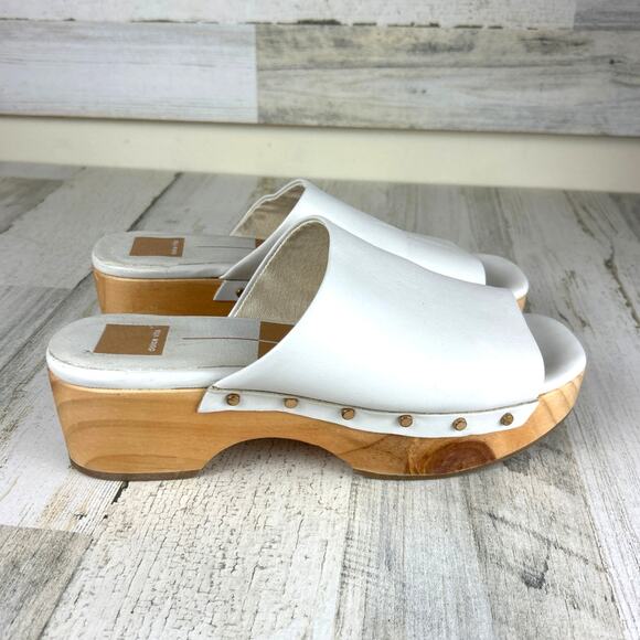Dolce Vita Women’s 8 Dorado White Leather Slip-On Wood Platform Clog Sandals - Picture 4 of 8